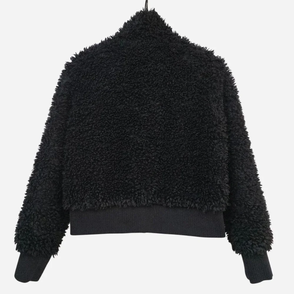 Zara Black Boucle Fleece Teddy Sherpa Faux Fur Cropped Bomber Jacket, M